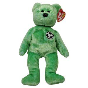 Ty Original Beanie Baby Green Kicks Soccer Bear 1999 Plush Stuffed Animal FLAW